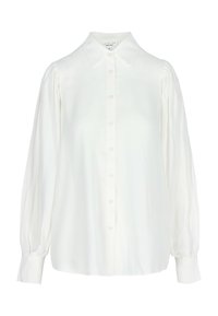 Camicia bianca a maniche lunghe realizzata in tessuto morbido, con colletto classico, chiusura a bottoni e maniche leggermente arricciate.