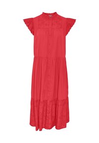 Robe rouge avec des manches courtes à volants et un col haut. Présente un devant à boutonnière et une conception en étages avec des détails brodés au niveau de l'ourlet.