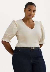 Lauren Ralph Lauren Woman RIB KNIT COTTON BLEND PUFF SLEEVE TOP - T-shirt con stampa - mascarpone cream