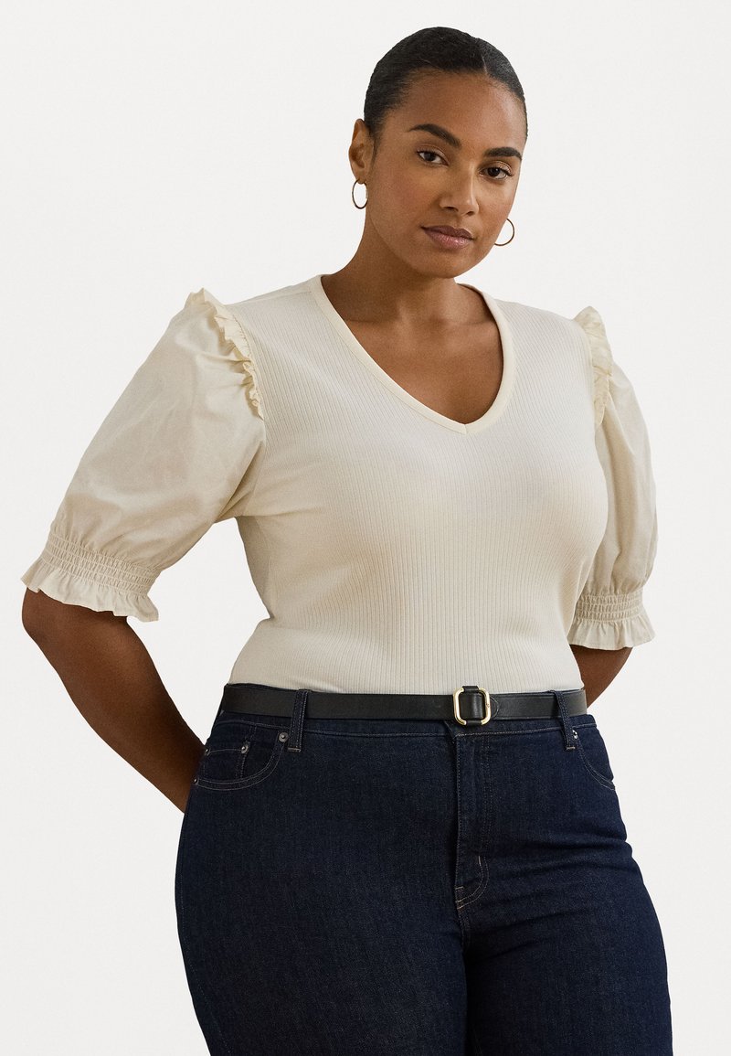 Lauren Ralph Lauren Woman RIB KNIT COTTON BLEND PUFF SLEEVE TOP - T-shirt con stampa - mascarpone cream
