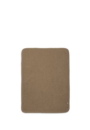 Rectangular brown microfiber cleaning cloth with rounded corners and stitched edges on a white background.