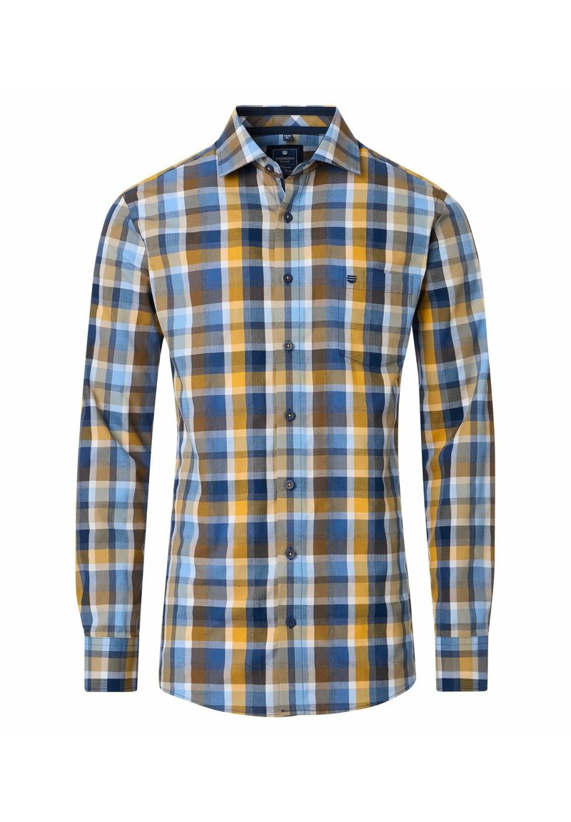 Herren Langarm-Hemd mit Knopfverschluss in kariertem Muster in Blau, Gelb, Braun und Weiß sowie einer Brusttasche.
