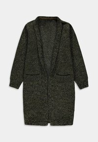 Pletený kardigan v tmavě zelené barvě s texturovaným vzorem, otevřeným předním dílem, dlouhými rukávy a dvěma předními kapsami. Měkká, silná látka.