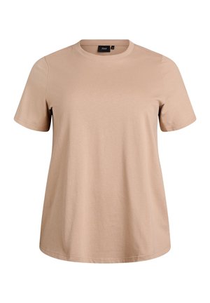 Bēšas krāsas īsās piedurknes T-krekls no mīksta kokvilnas ar apaļu kaklu un vaļēju piegriezumu, apakšmalas šuvju detaļām.