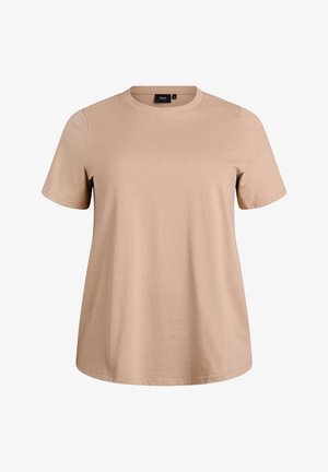 Béžové tričko s krátkým rukávem vyrobené z měkké bavlny, s kulatým výstřihem a volným střihem se šitými okraji.