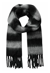 Sciarpa a righe nere e grigie realizzata in morbida lana, con bordi frangiati. Il design presenta una sfumatura dalle tonalità scure a quelle chiare.