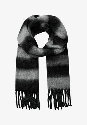 Sort og gråstribet tørklæde lavet af blød uld, med frynsekant. Designet har en gradient fra mørke til lyse nuancer.