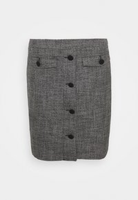 Hame grisikuvioisella tarkkuudella, jossa on suora leikkaus, kaksi etutaskua ja kuusi mustaa nappia keskellä kiinnittämistä varten.
