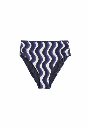 Damen-Bikinihose mit hoher Taille und marineblau-weißem wellenförmigem Streifenmuster auf weißem Hintergrund.