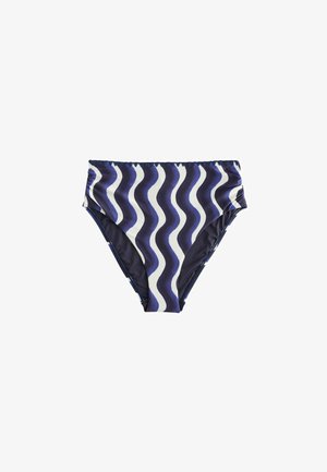Damen-Bikinihose mit hoher Taille und marineblau-weißem wellenförmigem Streifenmuster auf weißem Hintergrund.