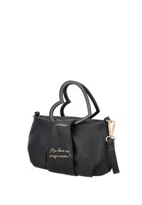 Borsa a mano in pelle nera con manico a forma di cuore, testo dorato sul davanti e tracolla staccabile. Finitura testurizzata e design compatto.