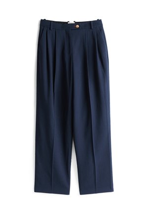 Navybroeken van lichtgewicht stof, met een hoge taille, voorplooien, zijzakken en een enkele knoopsluiting.