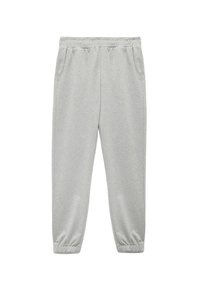 Grijze sweatpants van zachte stof, met een elastische tailleband, twee zijzakken en taps toelopende boorden bij de enkels.