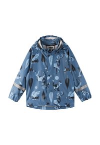 Giacca impermeabile blu con motivi di fauna selvatica in colori scuri, polsini elasticizzati, cappuccio e dettagli con strisce riflettenti.