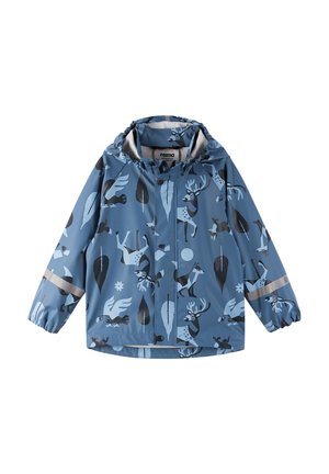 Giacca impermeabile blu con motivi di fauna selvatica in colori scuri, polsini elasticizzati, cappuccio e dettagli con strisce riflettenti.