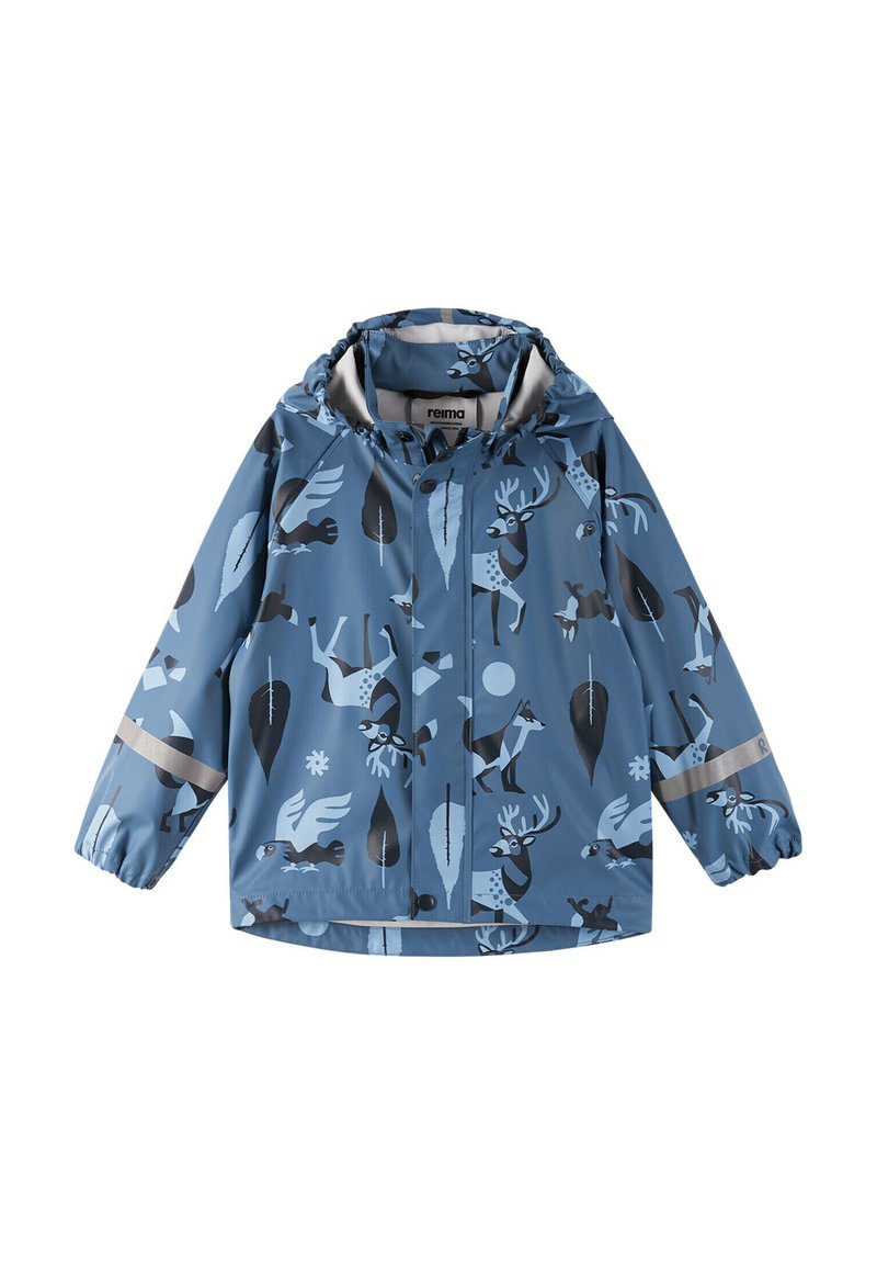 Giacca impermeabile blu con motivi di fauna selvatica in colori scuri, polsini elasticizzati, cappuccio e dettagli con strisce riflettenti.