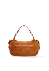 Suède handtas in warm bruin met een curvy vorm, leren schouderriem en een voorvak met rits. Zachte textuur en minimalistisch design.