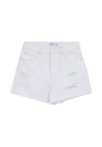 Shorts in denim bianco con orlo sfilacciato, dettagli strappati e tasche tradizionali. Chiusura con bottone in metallo e zip.