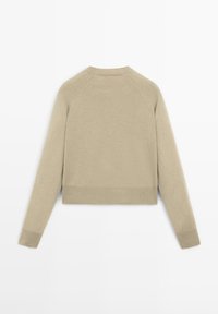 Beige trui met lange mouwen, ronde hals, geribbelde manchetten en zoom, gezien van achteren op een witte achtergrond.