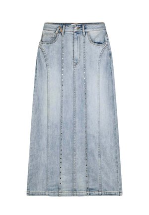 Gonna in denim azzurro chiaro, lunghezza al ginocchio con cuciture verticali e dettagli con bottoni. Presenta una vita classica e tasche ai lati.