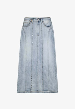 Gonna in denim azzurro chiaro, lunghezza al ginocchio con cuciture verticali e dettagli con bottoni. Presenta una vita classica e tasche ai lati.