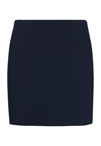 Falda azul marino con un patrón geométrico texturizado, diseño estructurado, corte recto y una cinturilla, adecuada para diversas ocasiones.