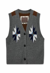 Grauer Strickpullover mit V-Ausschnitt und fünf schwarzen Knöpfen. Auf der Vorderseite mit Sternmustern in Blau, Weiß und Braun versehen, sowie braunen Schulterakzenten.
