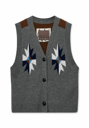 Gray knit vest with a V-neck and five black buttons. Features blue, white, and brown star patterns on the front, with brown shoulder accents.