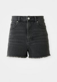 Zwarte denim shorts met een hoge taille, rafelige zoom en voorzakken. Kenmerkt zich door een knoopsluiting en subtiele vervaging voor textuur.