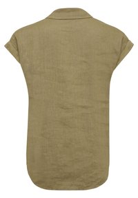 Camicia in lino verde oliva a maniche corte con colletto e orlo arrotondato, caratterizzata da una texture morbida e un design semplice.