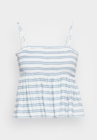 Top smock com riscas brancas e azul claro, com alças finas ajustáveis e bainha larga. Tecido de algodão suave com textura franzida.