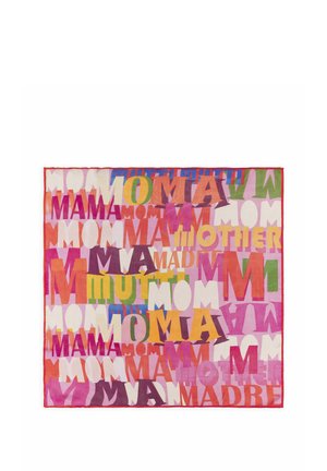 Colorful scarf with repeated words for mother in various languages and fonts on a pink and red background with a red border.