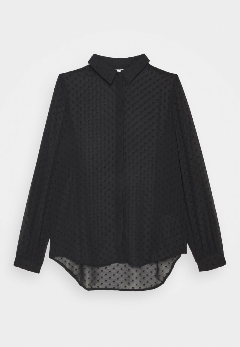Blouse noire à manches longues avec motif cœur texturé, col pointu, fermeture par boutons et tissu légèrement transparent montrant un ourlet incurvé.