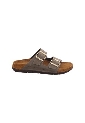 Brun slip-in sandal med två justerbara remmar och silverfärgade spännen, vadderad innersula och texturerad svart sula.
