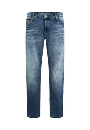 Dunkelblaue Jeans aus Denim mit faded Waschung, Fünf-Taschen-Design, Gürtelschlaufen und einem Reißverschluss. Mit einem Markenlabel am Bund.