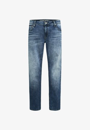 Dark blue denim jeans with a faded wash, five-pocket design, belt loops, and a zip fly. Features a brand label on the waistband.