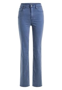 Modré džíny z denimu s rovnou nohavicí, vysokým pasem, předními a zadními kapsami a zapínáním na knoflík. Měkká textura a minimální šití.