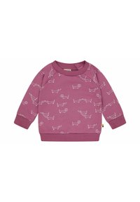 Maglione viola con sagome di cani bianche, colletto a coste, maniche lunghe e un orlo con un piccolo etichetta decorativa.
