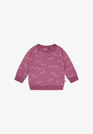 Paarse sweatshirt met witte hondencontouren, geribbelde ronde hals, lange mouwen en een zoom met een klein labelaccent.