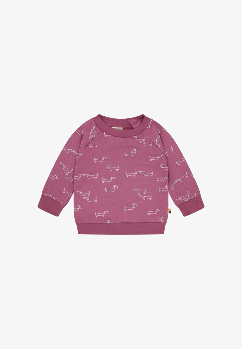 Lila Sweatshirt mit weißen Hundeskizzen, geripptem Rundhalsausschnitt, langen Ärmeln und einem Saum mit einem kleinen Label-Akzent.