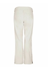 Housut, joissa on suora lahje, vaaleanbeige väri, sileä pintakuvio ja vetoketjut lahkeissa. Varustettu joustavyydellä vyötäröllä ja minimaalista ompelu- yksityiskohtia.