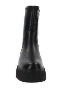 Botín negro de tobillo con acabado de piel suave, punta redondeada, suela gruesa con estrías y lengüeta trasera para ponerlo fácilmente.