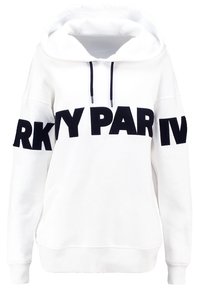Felpa bianca con una grande grafica nera "PARKY" sul davanti, dotata di cappuccio, lacci e polsini a coste. Tessuto morbido e strutturato.