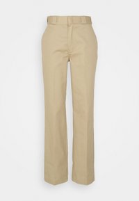 Beige katoenen broek met een recht pijpontwerp, riemlussen en een gladde textuur, zonder zichtbare patronen of hardware.