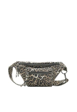 Leopardenmuster-Stoff-Gürteltasche mit zwei Reißverschlussfächern und verstellbarem Riemen mit Metallverschluss vor weißem Hintergrund.