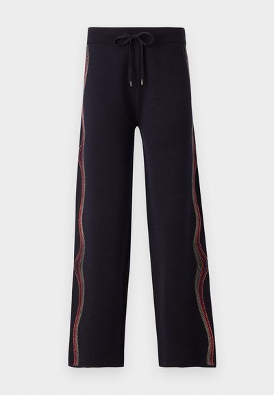 Black wide-leg pants with a soft texture, featuring multicolored decorative stitching along the side and an adjustable drawstring waist.