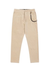 Beżowe spodnie z korduroy z elastycznym paskiem i sznurkiem. Posiadają boczną kieszeń z czarnym akcentem w postaci łańcucha. Slim fit.
