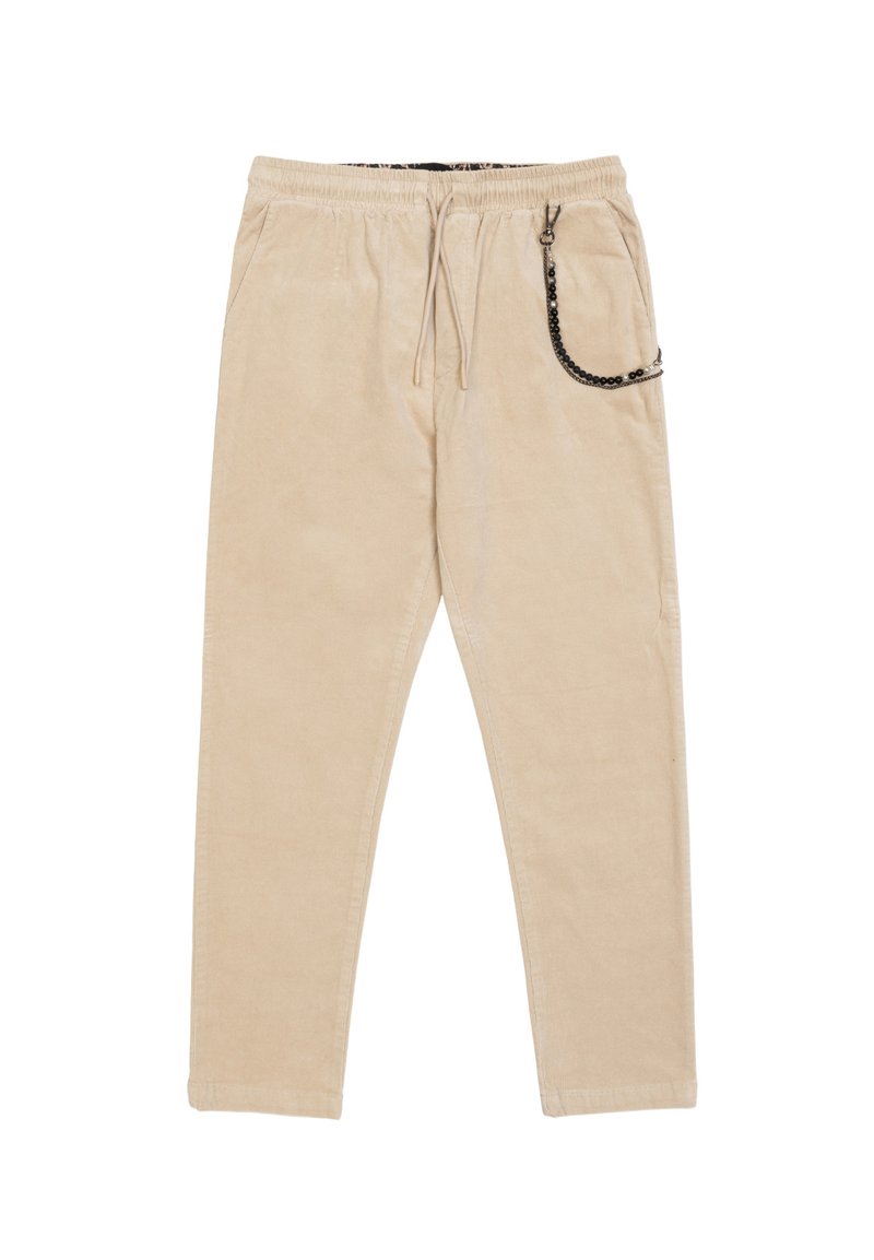 Beżowe spodnie z korduroy z elastycznym paskiem i sznurkiem. Posiadają boczną kieszeń z czarnym akcentem w postaci łańcucha. Slim fit.