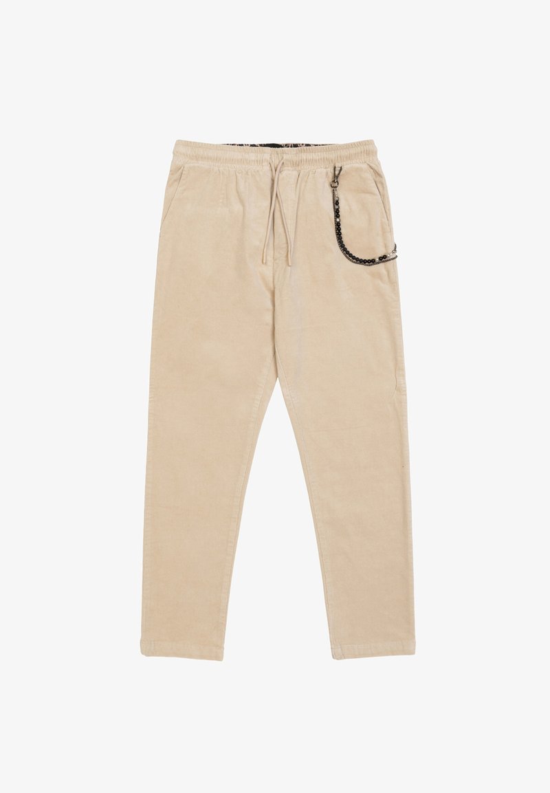 Beige Corduroyhosen mit elastischem Bund und Kordelzug. Verfügt über eine Seitentasche mit schwarzem Kettenakzent. Slim-Fit-Design.