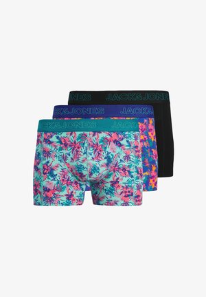 Lot de trois boxers pour hommes avec un motif floral, en couleurs bleu sarcelle, violet et noir, avec des ceintures élastiques de marque.
